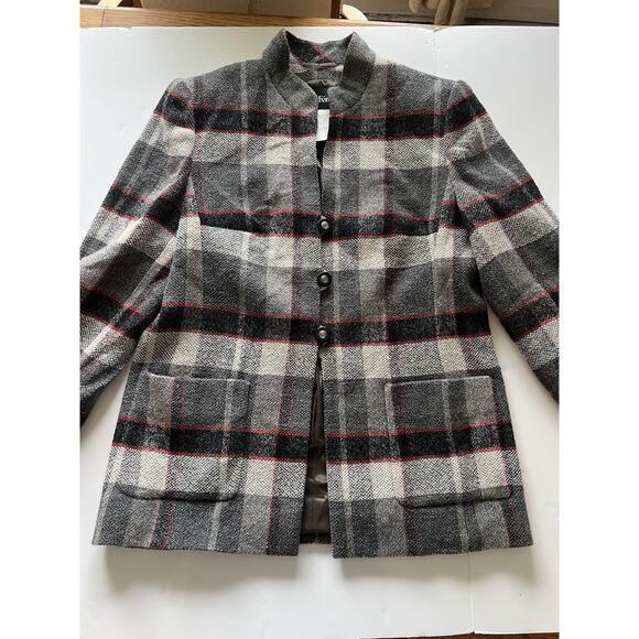 Louis Feraud Wool Blend Tartan Plaid Blazer Coat Jacket Size 12 Vintage Toggle - Picture 8 of 9